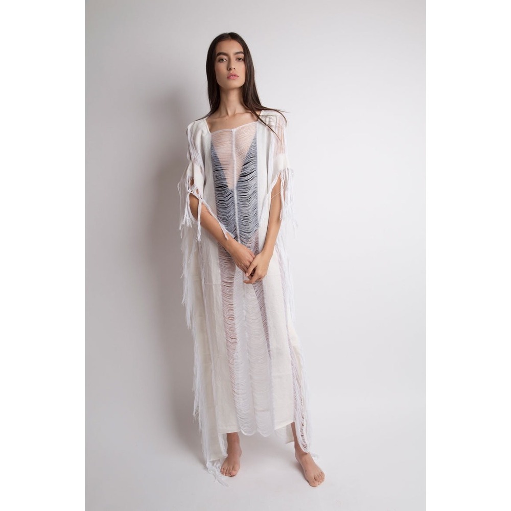 Raw Vestido Maxi Mitla‎ 3.0 Crudo White Fringe Kaftan Maxi Dress Cover Up OS